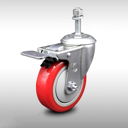 Service Caster 4 Inch SS Red Polyurethane 3/8 Inch Threaded Stem Caster with Total Lock Brake SCC-SSTSTTL20S414-PPUB-RED-381615